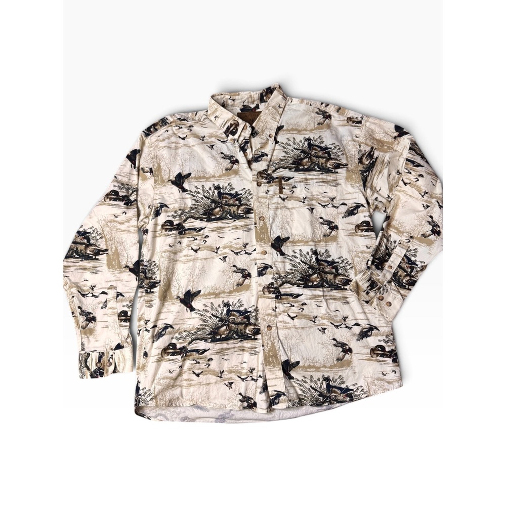 North River Outfitters Mens Large Duck Hunting Waterfowl Print Cotton Shirt L
